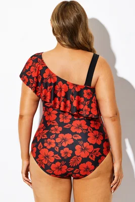 Red Floral Print Flounce...