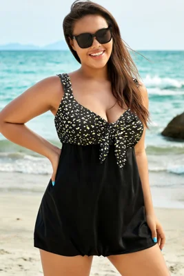Gold Dots Print Tie Front V-Neck Swimdress