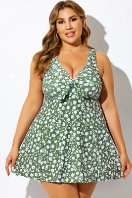 Mint Floral Ruched A-Line Empire Waist Swimdress