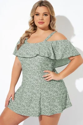 Floral Ruffle Cold Shoulder Women Swimdress