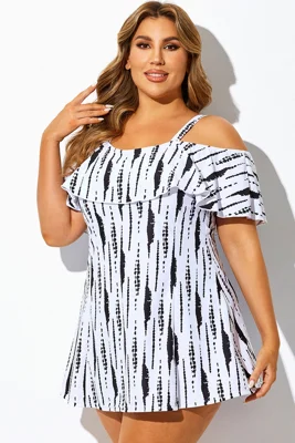 Black & White Tie-Dye Off-the-Shoulder Swimdress