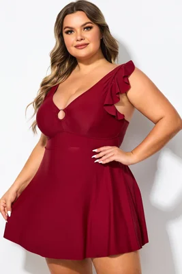 Red V-neckline Frilled Cap...