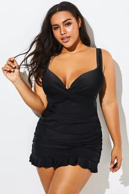 Plus Size Black V-Neck Twist Front Underwire Swimdress