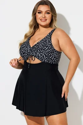 Dot Print V-Neck Lace Up...