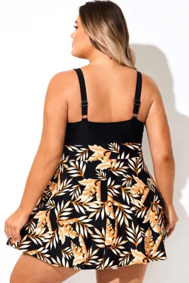 V Neck Black Plant Print...