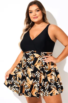 V Neck Black Plant Print...