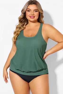 Army Green Racerback Tummy Control Blouson Tankini Top