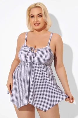 White & Grey Gingham U-neck Tankini Top with Bow