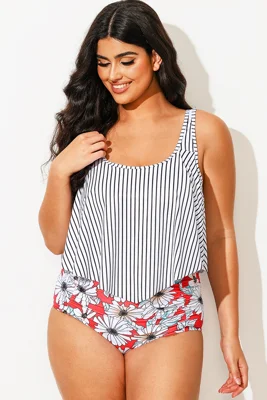 Striped Scoop Neck Ruched...