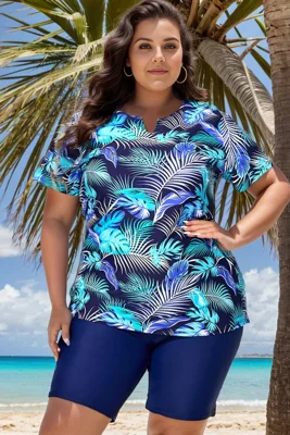 Leaf Print Split Neck Short...