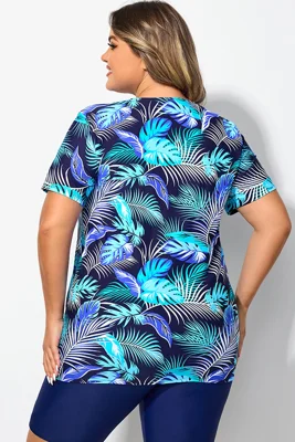 Leaf Print Split Neck Short...