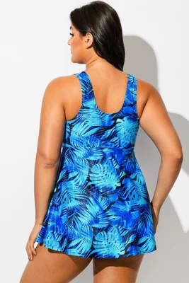 Plus Size Blue Palm Print...