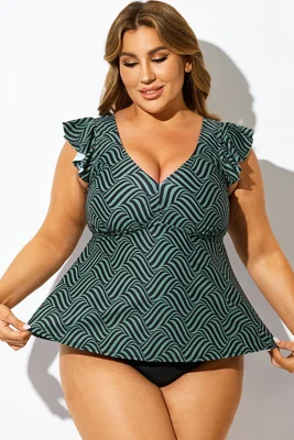 Striped Print Ruffle Trim...