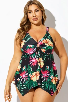 Black Floral Print Knot Hem...