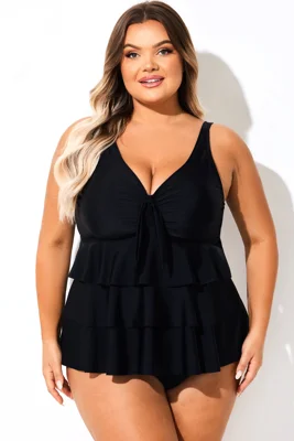 Solid Black V-Neck Ruffled...