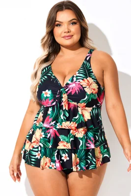 Black Floral V-Neck Ruffled...