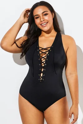Black Lace Up One Piece...