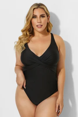 Black Ruched Fashion V-neck One Piece Swimsuit