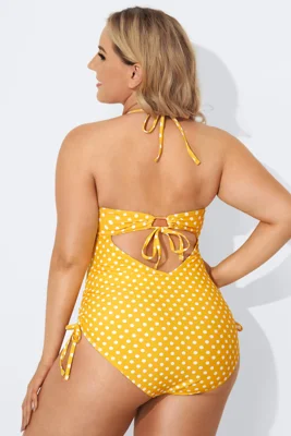 Yellow Self-Tie Halter Dot...
