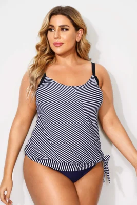 Black & White Stripe Side Tie V-Neck Tankini Top