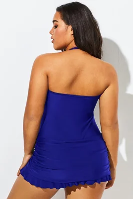 Navy Halter Fringe Ruffle...