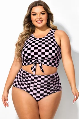 Black & Pink Check Knotted Crop Bikini Top