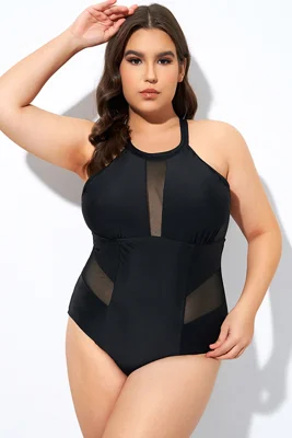 Black High Neck Plunge Mesh...