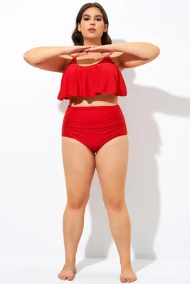 Red Women High Waist Swim Brief