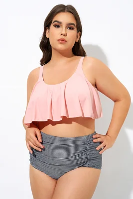 Womens High Waisted Falbala 2 tiered Bikini Top