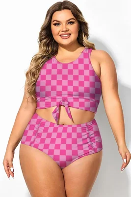 Plus Size Pink Check Knotted Crop Bikini Top