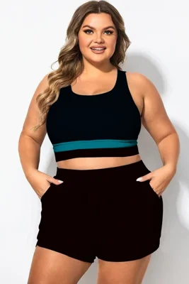 Plus Size Round Neck Lake Green Patchwork Bikini Top