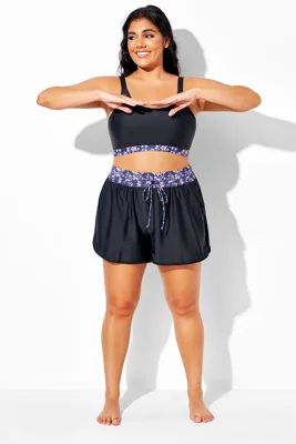 Plus Size Floral Colorblock Lace Up Shorts