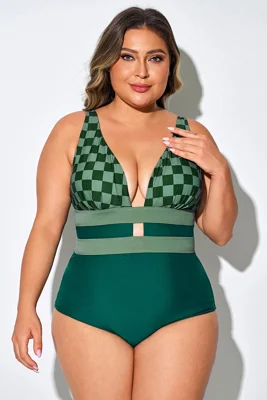 V-Neck Green Squares Cut...