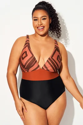 Geometric Colorblock V-Neck One Piece Swimsuit