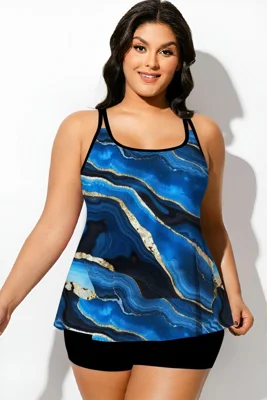 Round Neck Marbled Gold Plated Blue Print Tankini Top