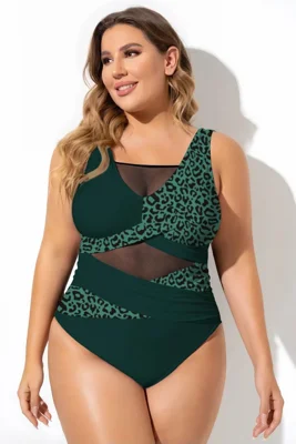 Leopard Green Sexy Cut Out Mesh One Piece Swimsuit