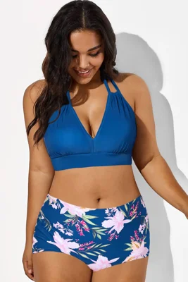 Navy V-neck Halter Tie Bikini Top